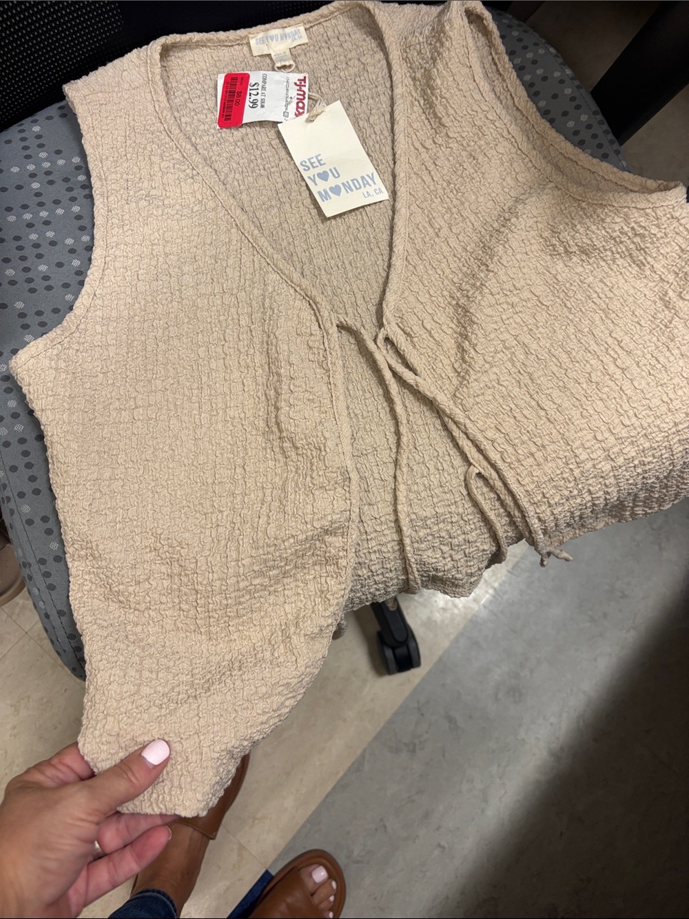 Textured Tie-Front Sleeveless Vest in Beige